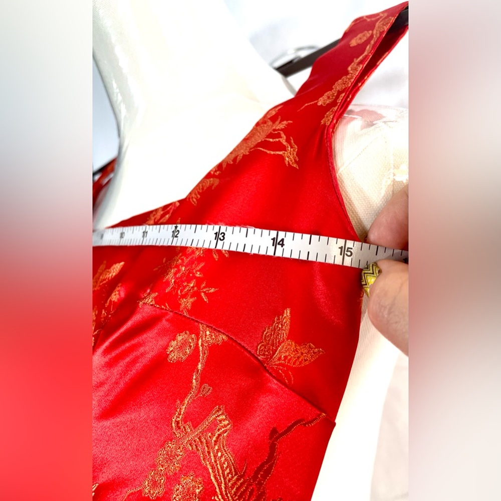 Red & Gold Chinese brocade silky 2-piece pencil dress & cropped jacket size XS - Picture 11 of 16